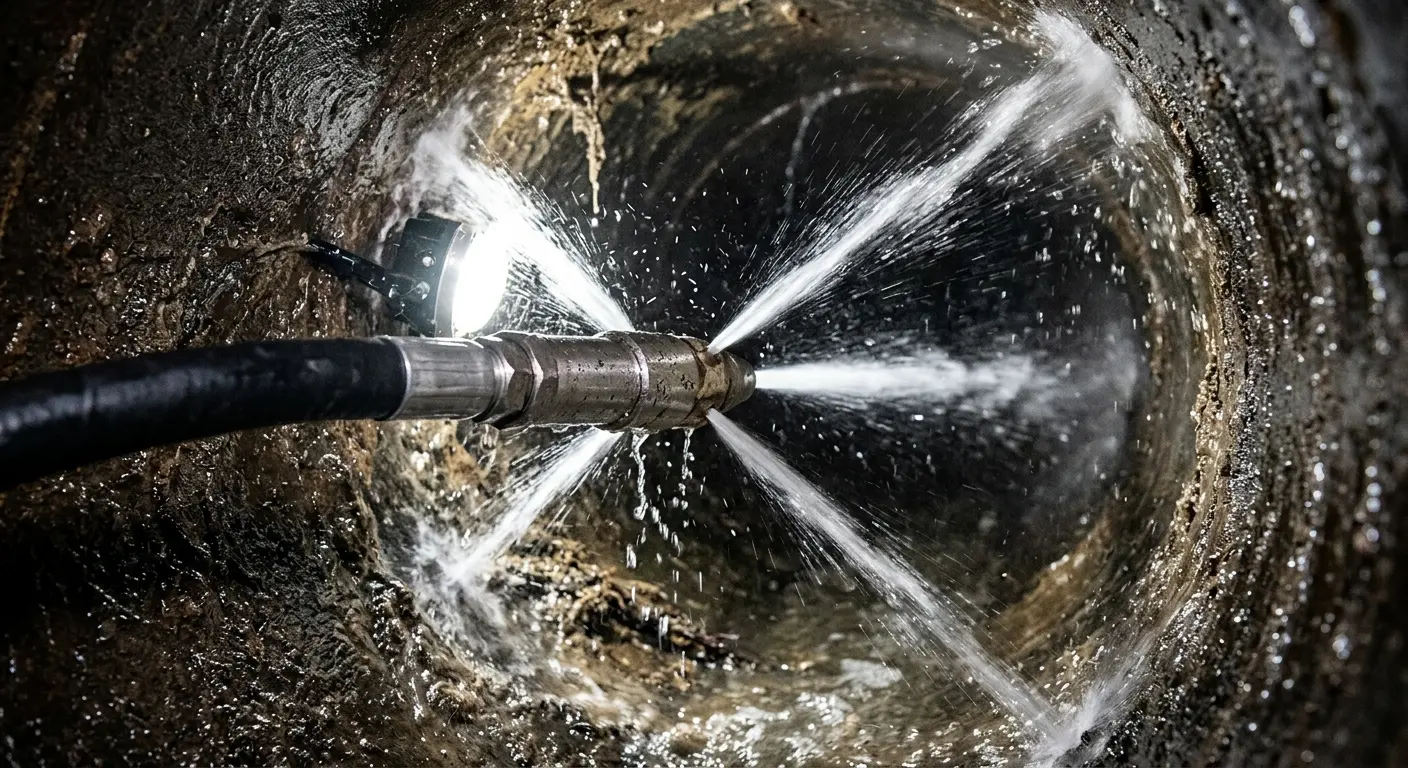 High-pressure hydro jetting nozzle cleaning sewer pipe for Trenchless Sewer Repair in Calcutta