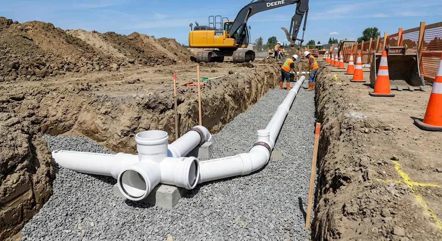 New PVC sewer pipe installation in open trench for Sewer Backup in Calcutta