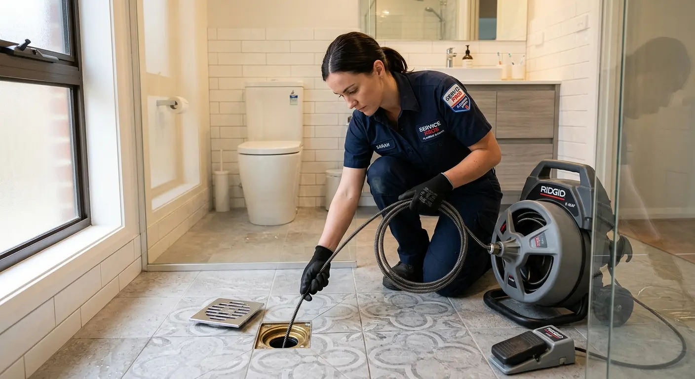 Technician clearing a bathroom floor drain for Clogged Drain Repair in Calcutta